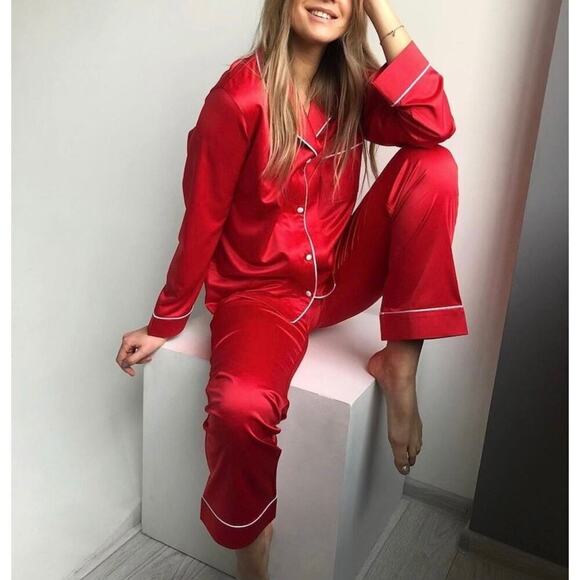 Chloe Kristyn Comfort Bamboo Long Pyjama Set Front Button Red Size Large NWT - Picture 3 of 11